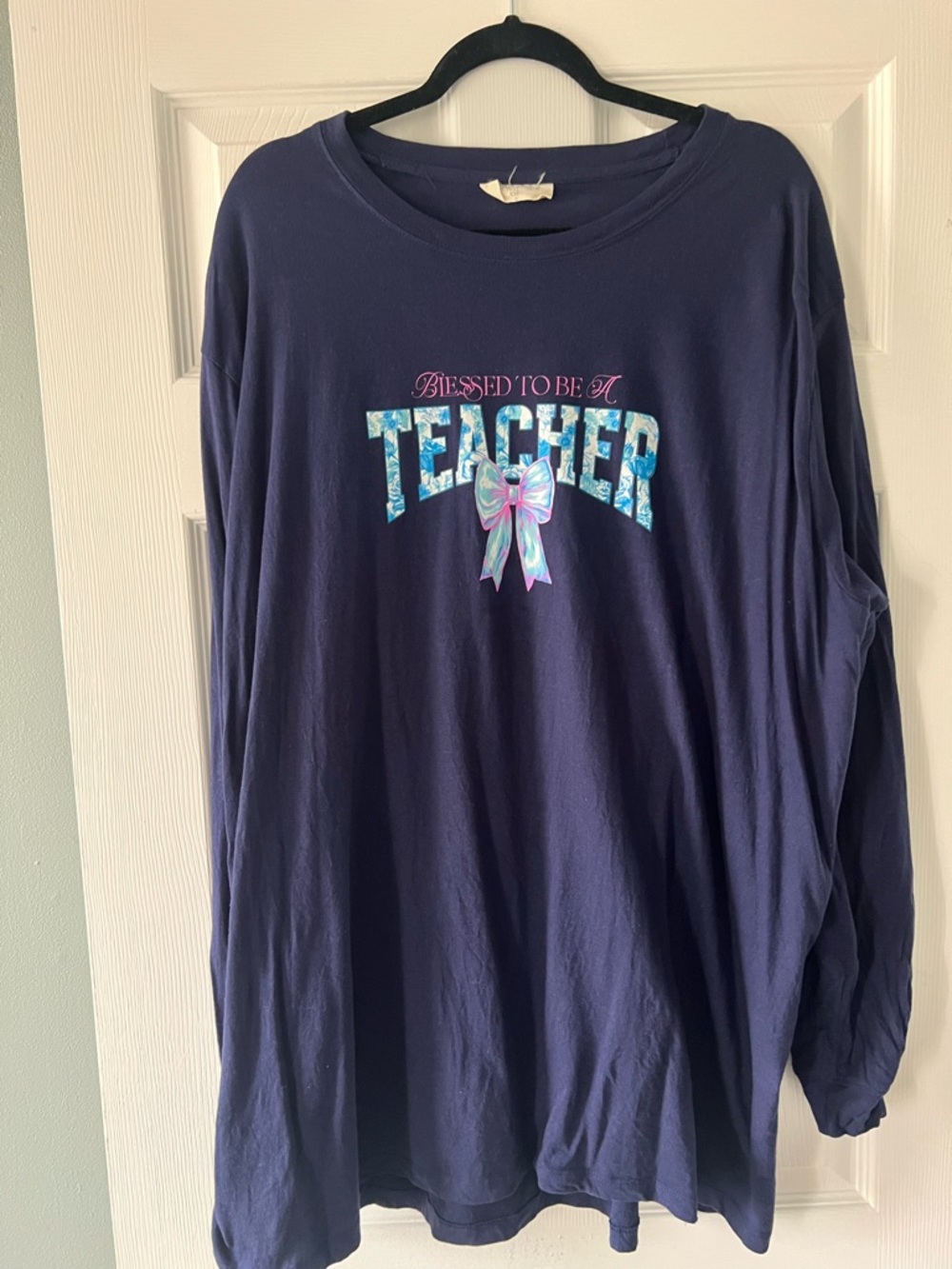 Simply Southern Navy Long-Sleeve "Blessed To Be A Teacher" Tee with Pastel Bow
